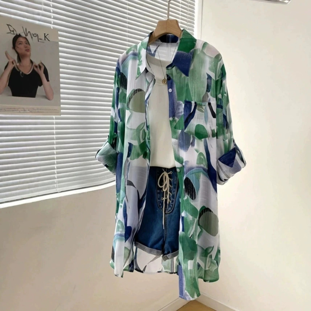 Zara Mid Length Loose Chiffon Shirt Green Blue Abstract Print Lightweight